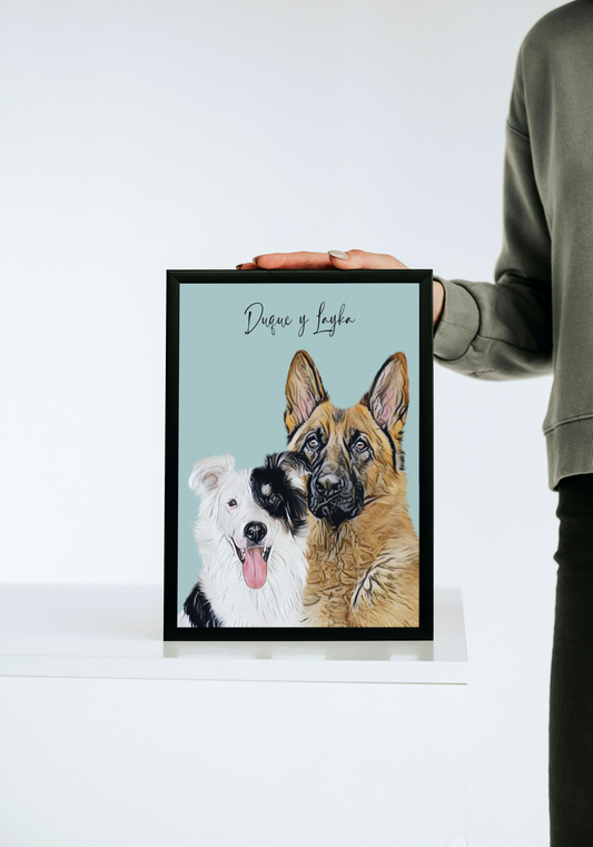 Cuadro de dos perros, un pastor aleman y un border collie, cuadro de mascotas personalizado